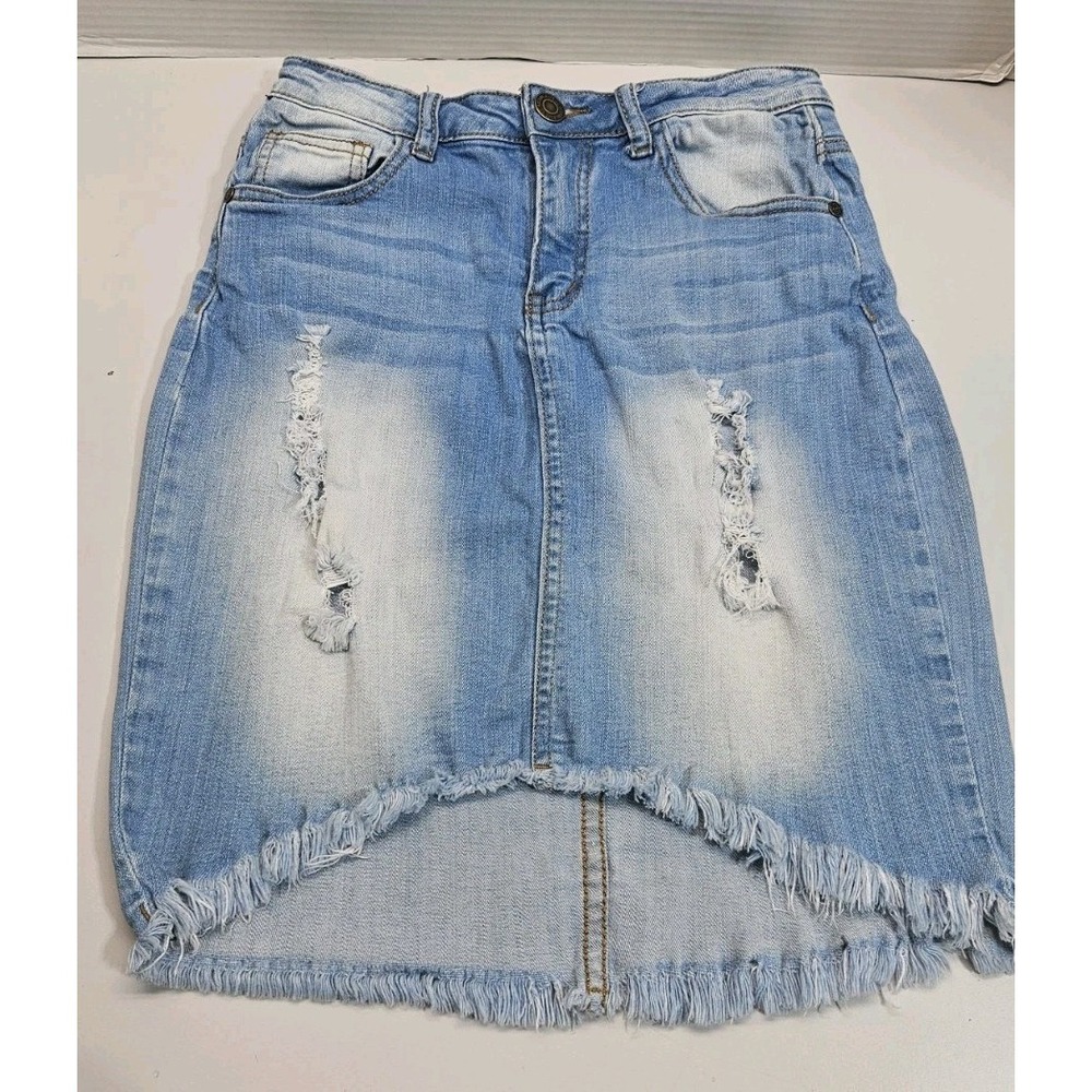 Machine Jeans Pencil Skirt Medium Light Denim Distressed Knee‎ Length Nouvelle